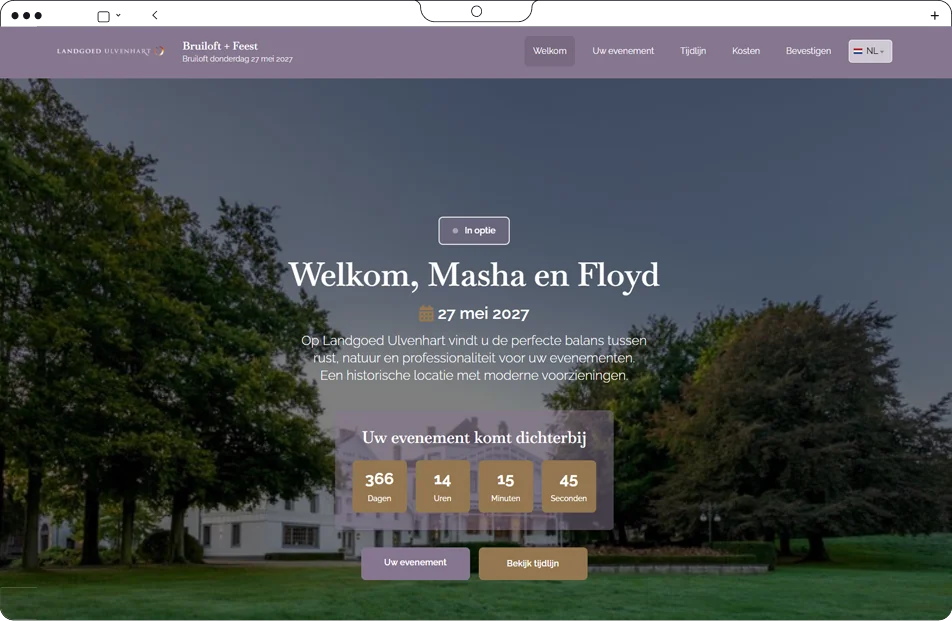 Een branded offerte in de huisstijl van de locatie, met sfeerbeeld, welkomsttekst en de aftelklok naar de dag