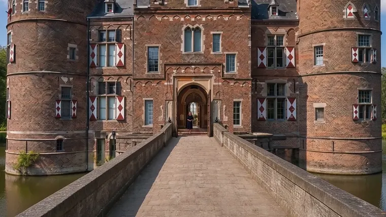 Een kasteel met een brug ernaartoe, gezien vanaf de oprijlaan
