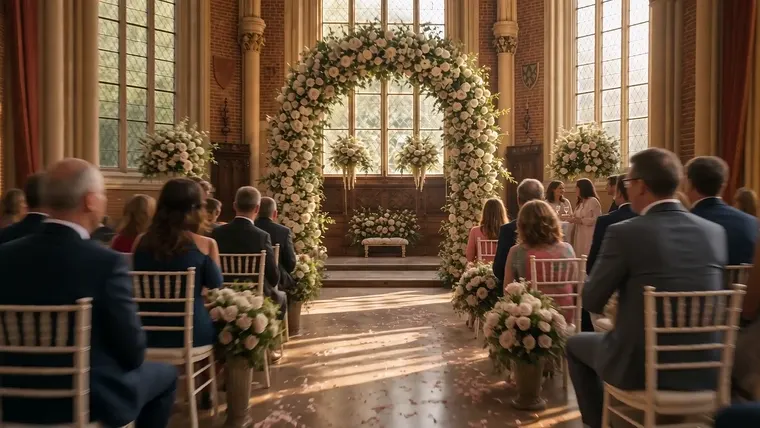 Een ceremonie met een bloemenboog in een zaal met hoge ramen