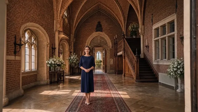 Een eventmanager die in een monumentale hal op haar gasten staat te wachten