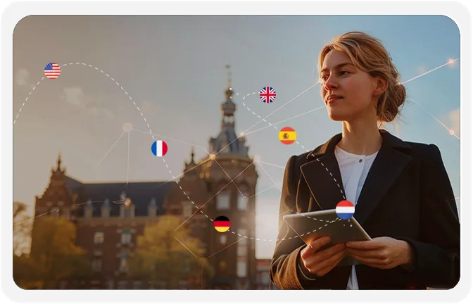 Constell meertalig platform met automatische vertalingen en internationale vlaggen