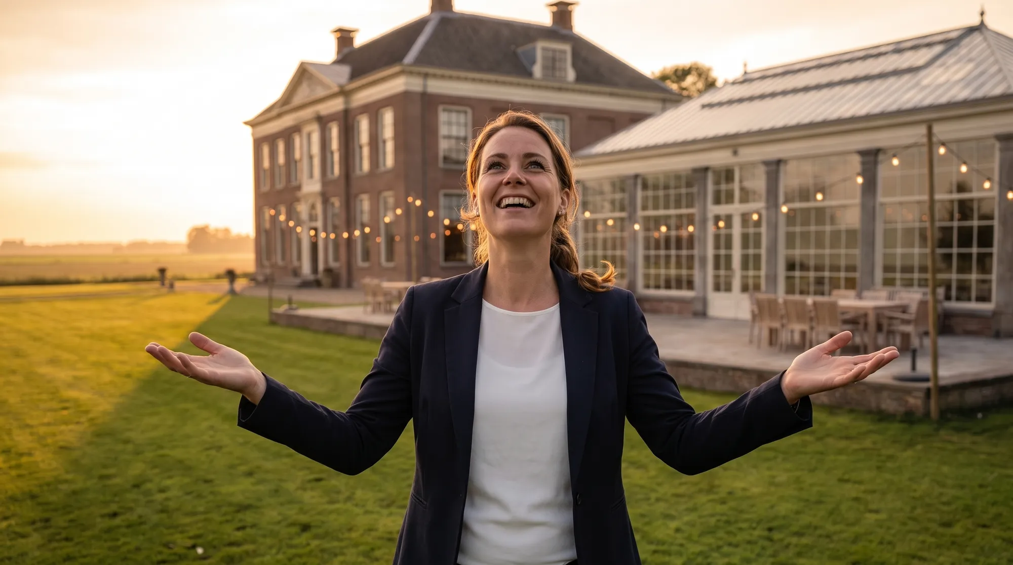 Een event manager op het gazon van haar locatie, met open handen naar de lucht