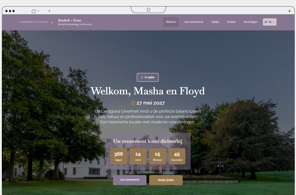 Een branded online offerte: welkom Masha en Floyd, met aftelklok naar hun eventdatum op Landgoed Lisenhorst