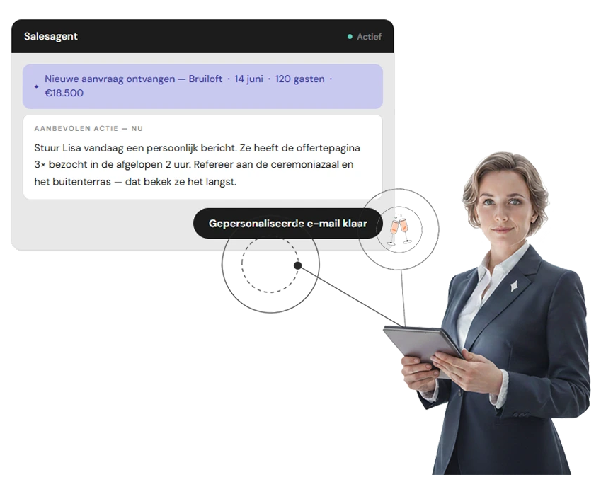 De Constell sales agent stelt een gepersonaliseerde e-mail op voor een bruiloftsaanvraag van 120 gasten
