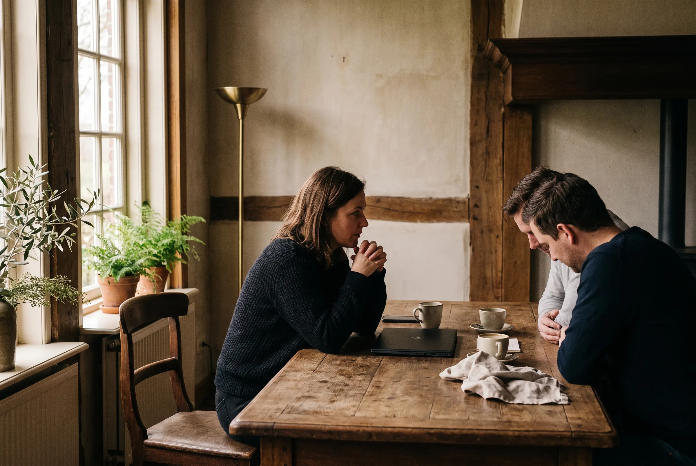 Een gastvrouw luistert aan tafel naar een stel