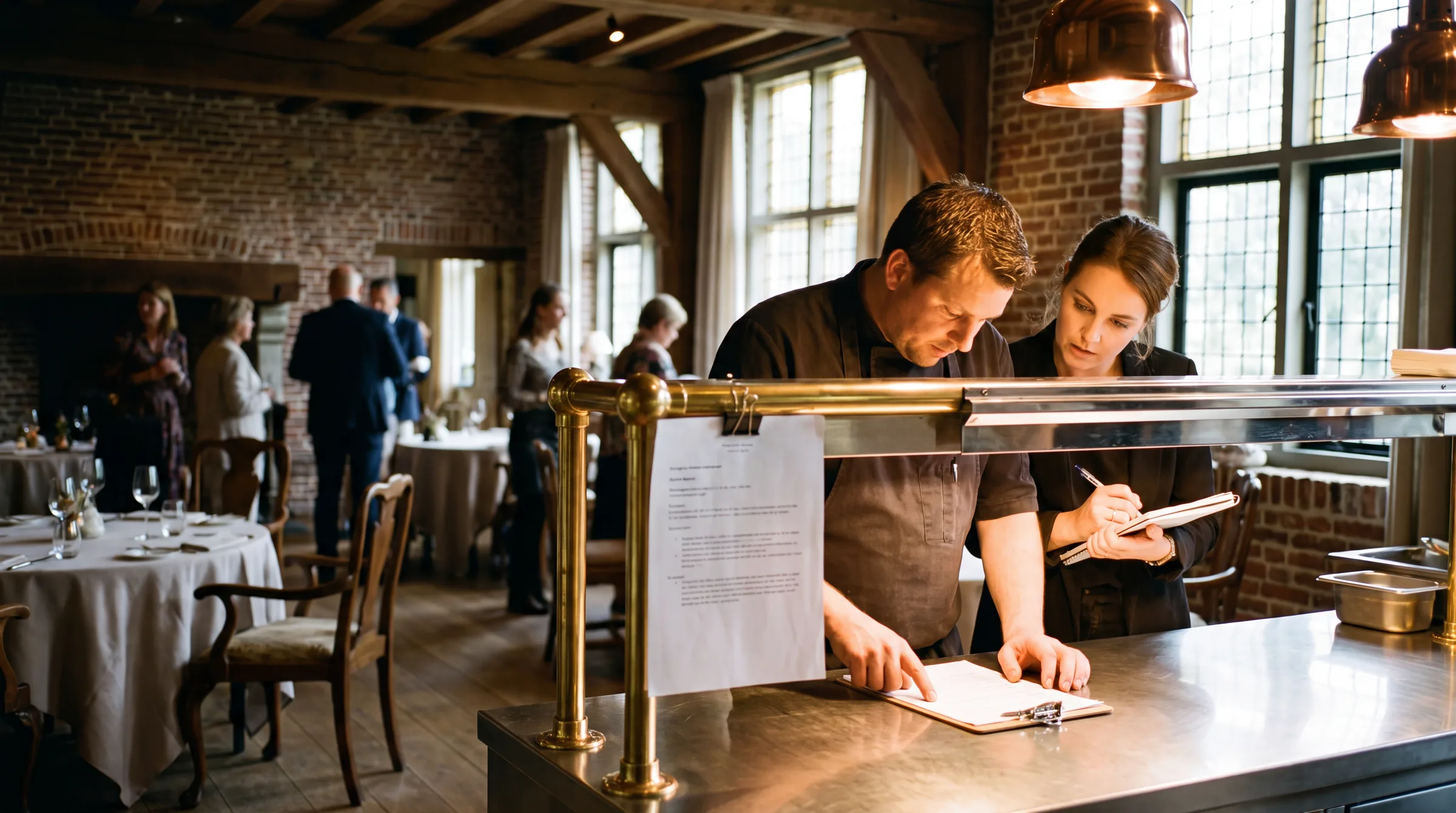 Kok en eventmanager nemen samen de sheet door bij de doorgeef