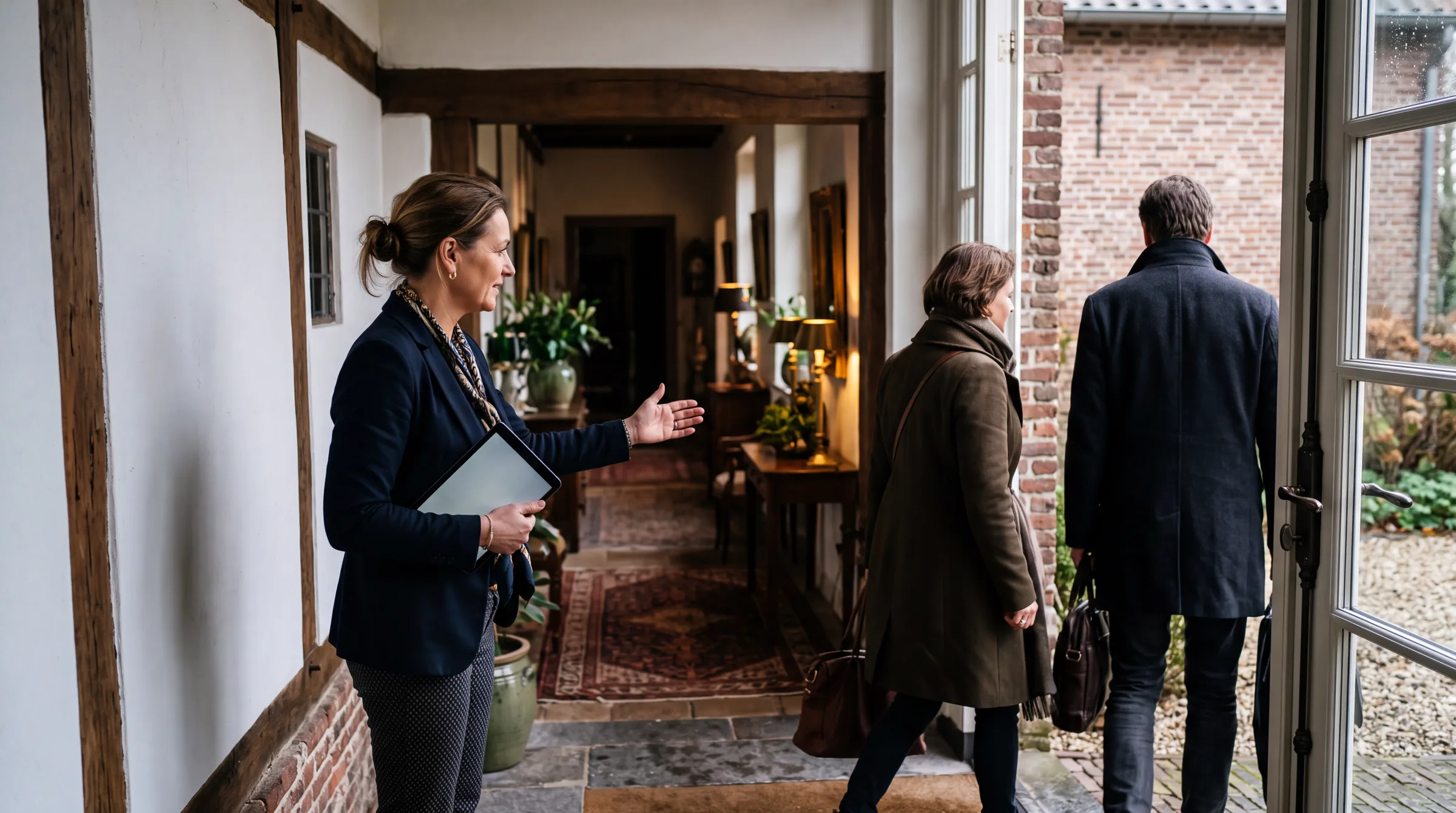 Een gastvrouw verwelkomt de gasten bij de voordeur