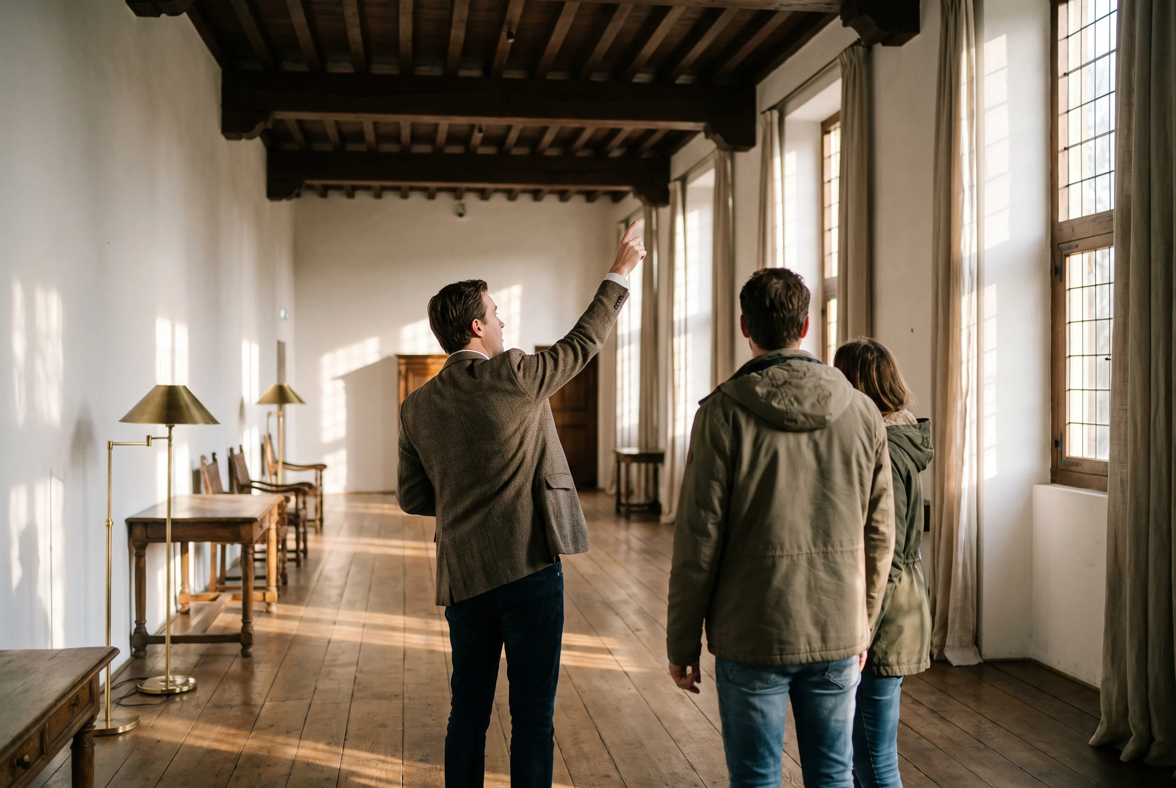 Een gastheer leidt een stel rond door een lege zaal