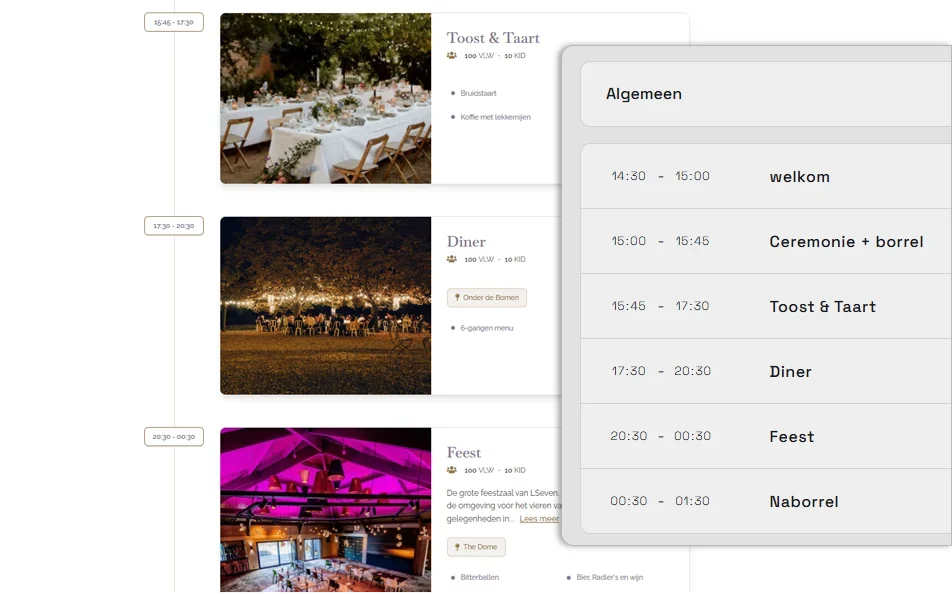Het draaiboek van een event, met tijden en taken per onderdeel