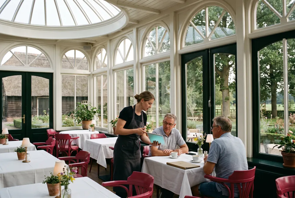 Aan tafel in de Wintertuin wordt de offerte samengesteld terwijl de gast er nog zit.