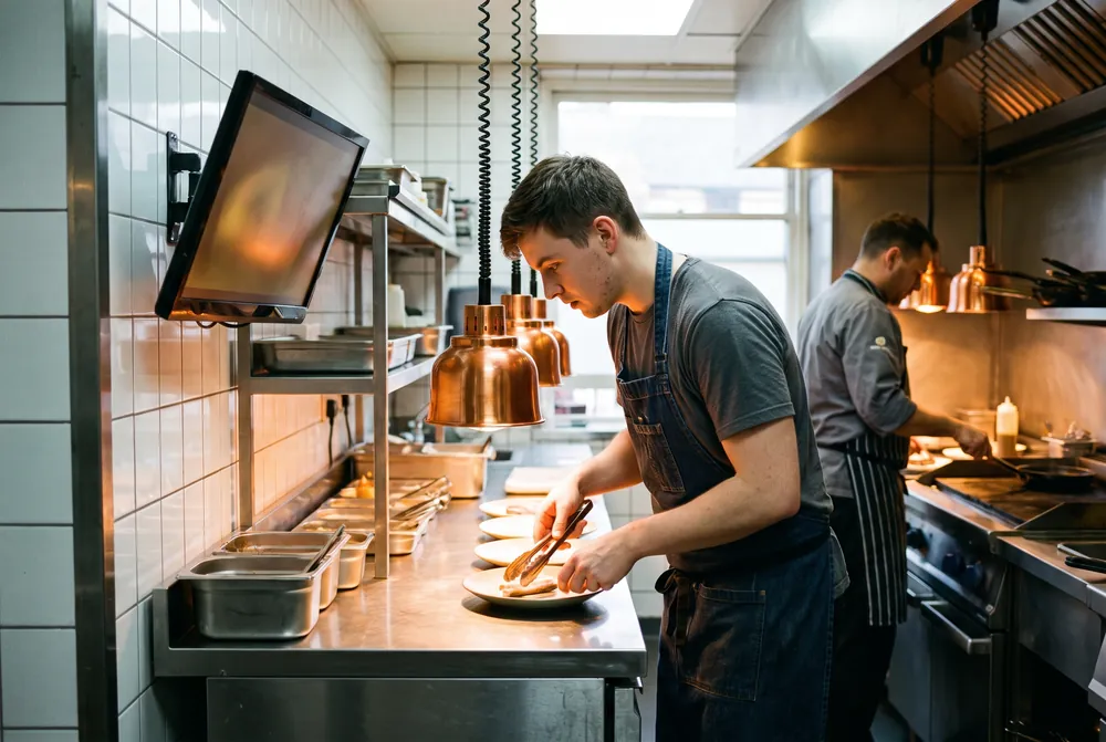 Een kok werkt bij de doorgeef in de keuken, met een scherm aan de wand ernaast
