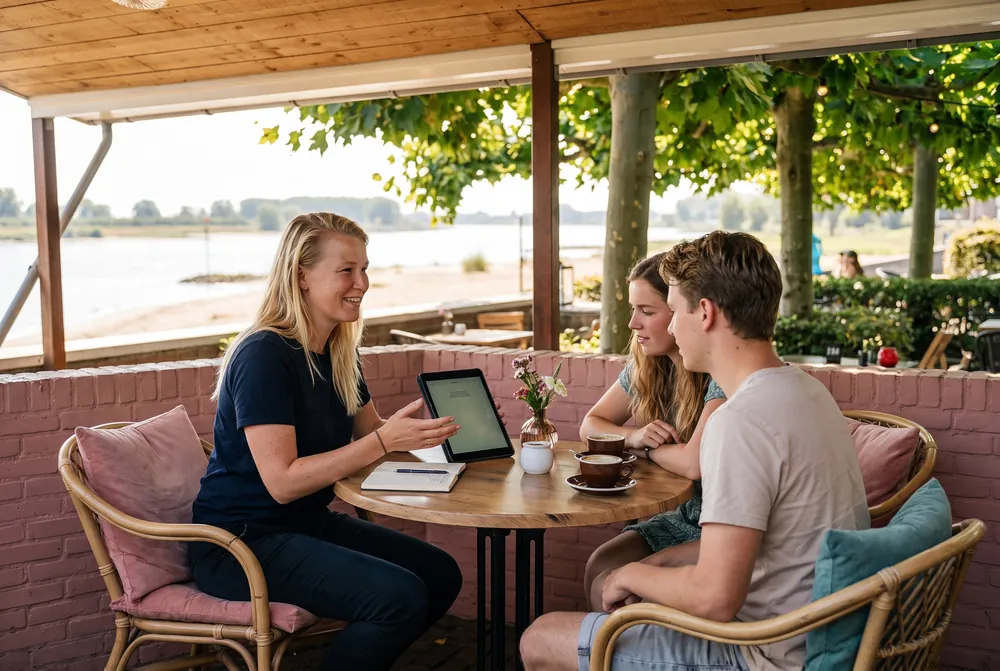 Loes de Kort draait een tablet naar een stel aan een rond tafeltje op de veranda