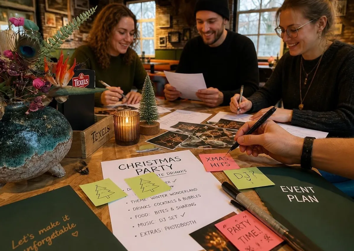 Het team van BOS & Co werkt aan tafel een eventplan uit, met bloemen en een kerstboompje op tafel