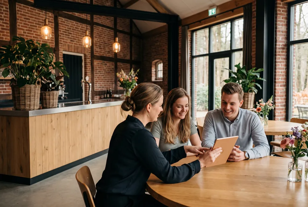 De weddingplanner van BOS & Co draait een tablet naar een bruidspaar aan een ronde tafel in de Tuinkamer