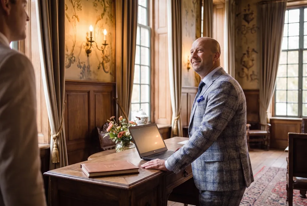 Johan Huisman achter de balie in de hal van Kasteel Wijenburg, met een laptop naast het gastenboek
