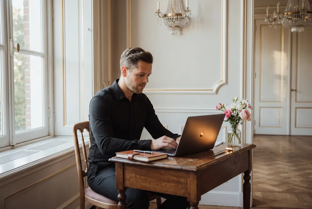 Kevin Jaspers werkt aan een antiek bureau bij het raam van het landhuis, met een laptop voor zich