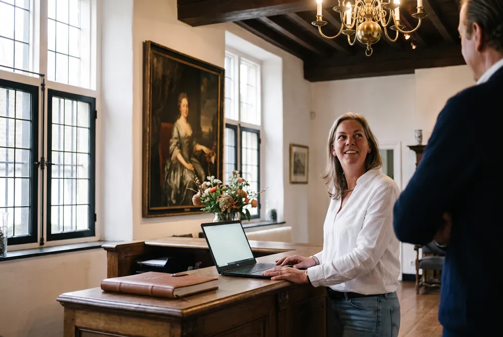 Fabiënne achter de balie in de hal van Slot Doddendael, met een laptop naast het gastenboek