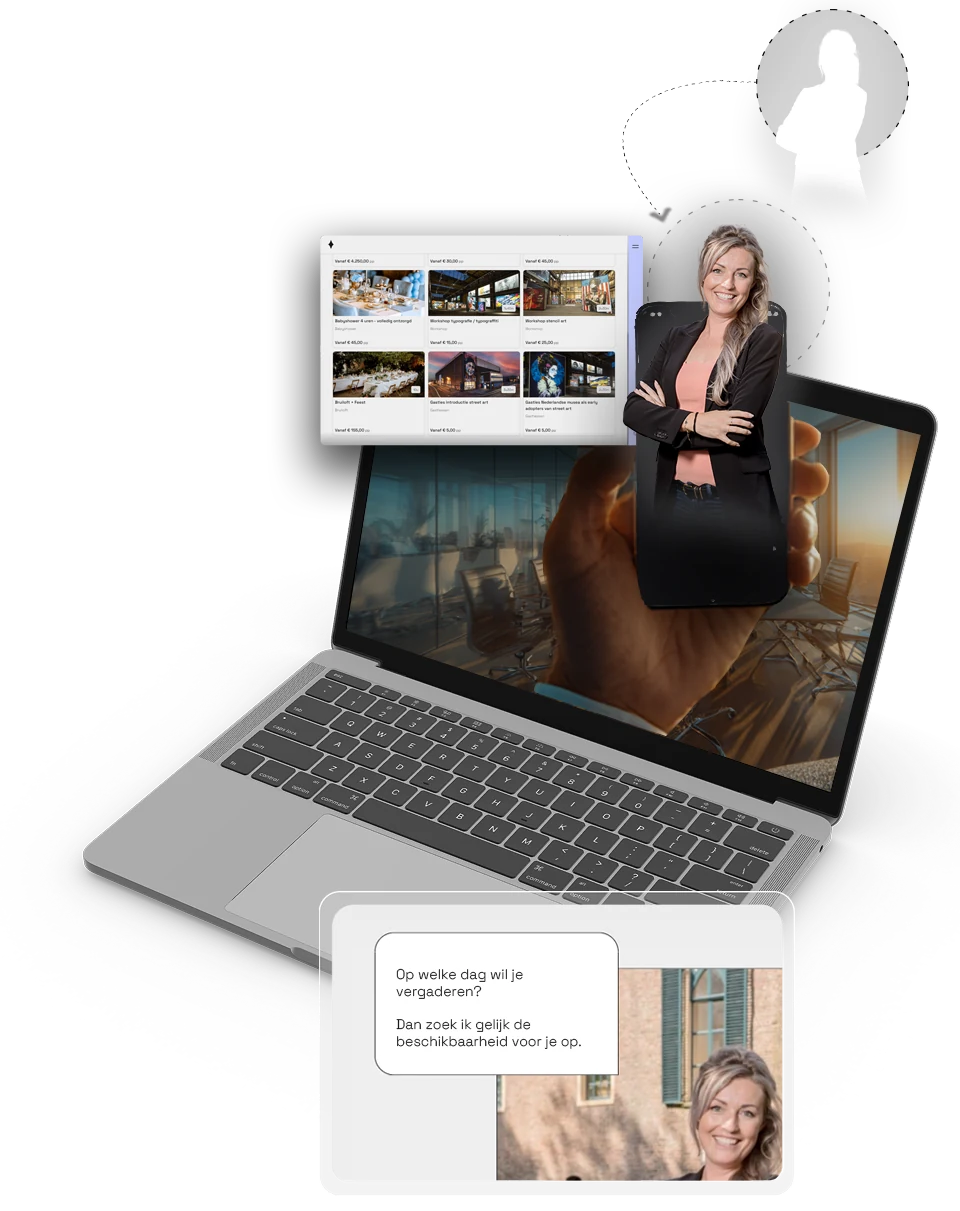 Een laptop met het aanbod van de locatie, daarboven de eventmanager als online host en daaronder haar chatbericht ‘Op welke dag wil je vergaderen?’