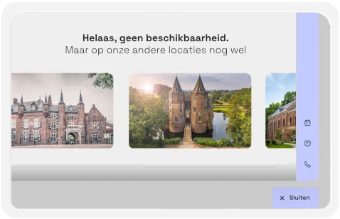 De widget meldt dat de datum vol is en toont beschikbaarheid bij een andere locatie uit hetzelfde portfolio