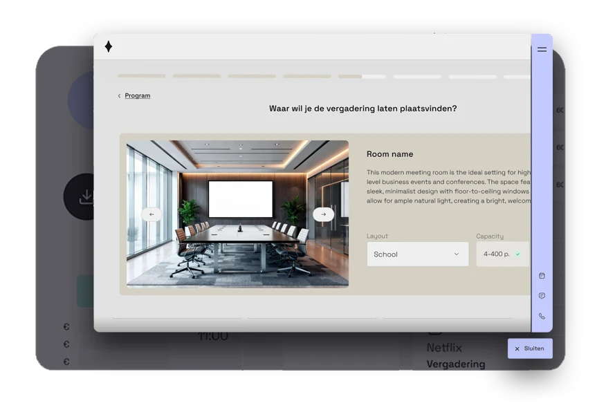 De vergaderflow in de widget: datum, tijd, zaal en producten kiezen