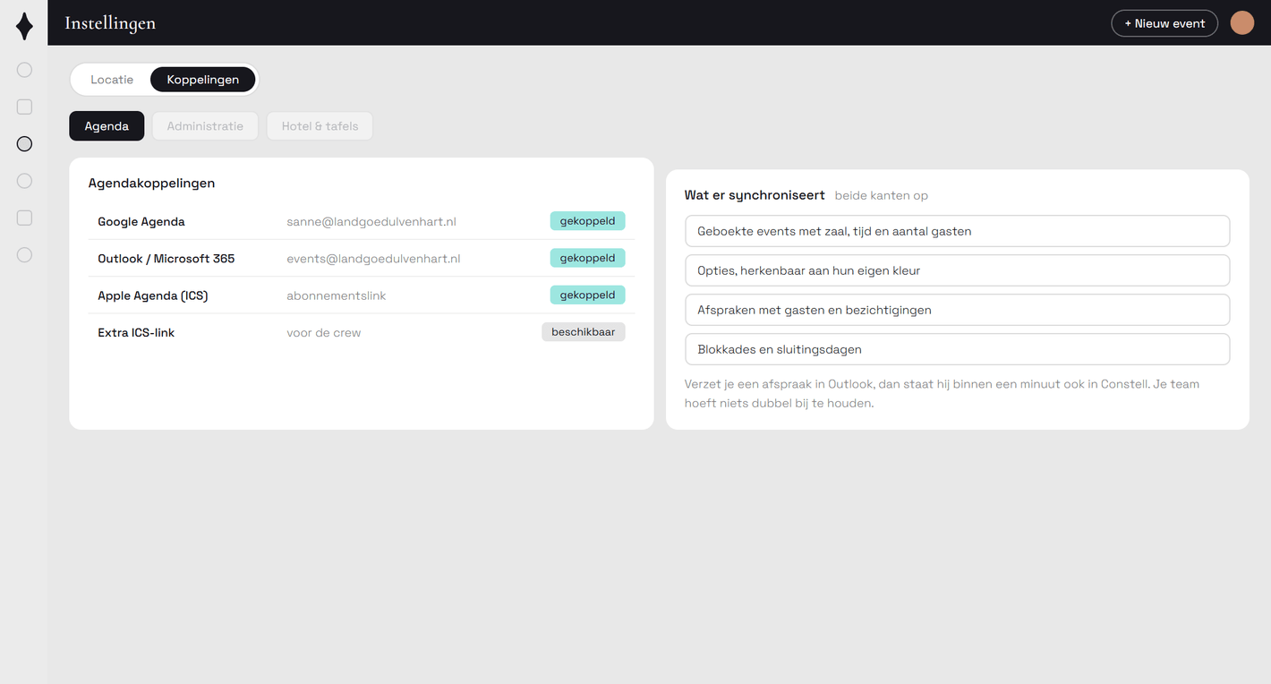 Agendakoppelingen in Constell met Google Agenda, Outlook en een ICS-abonnementslink