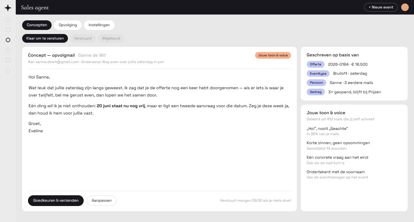 Een concept-opvolgmail in Constell, geschreven in de toon van de locatie