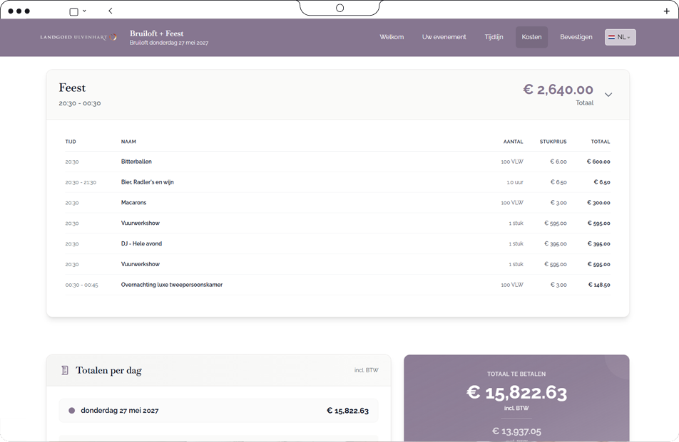 Kastenaverzicht pagina van de branded offerte website