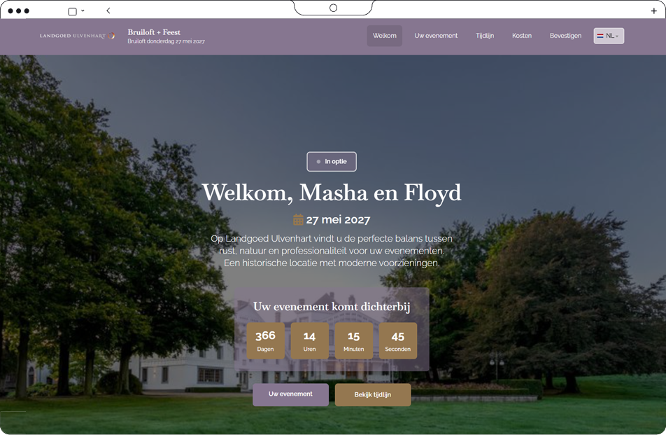 De welkomstpagina van een branded offerte met een aftelklok naar de eventdatum