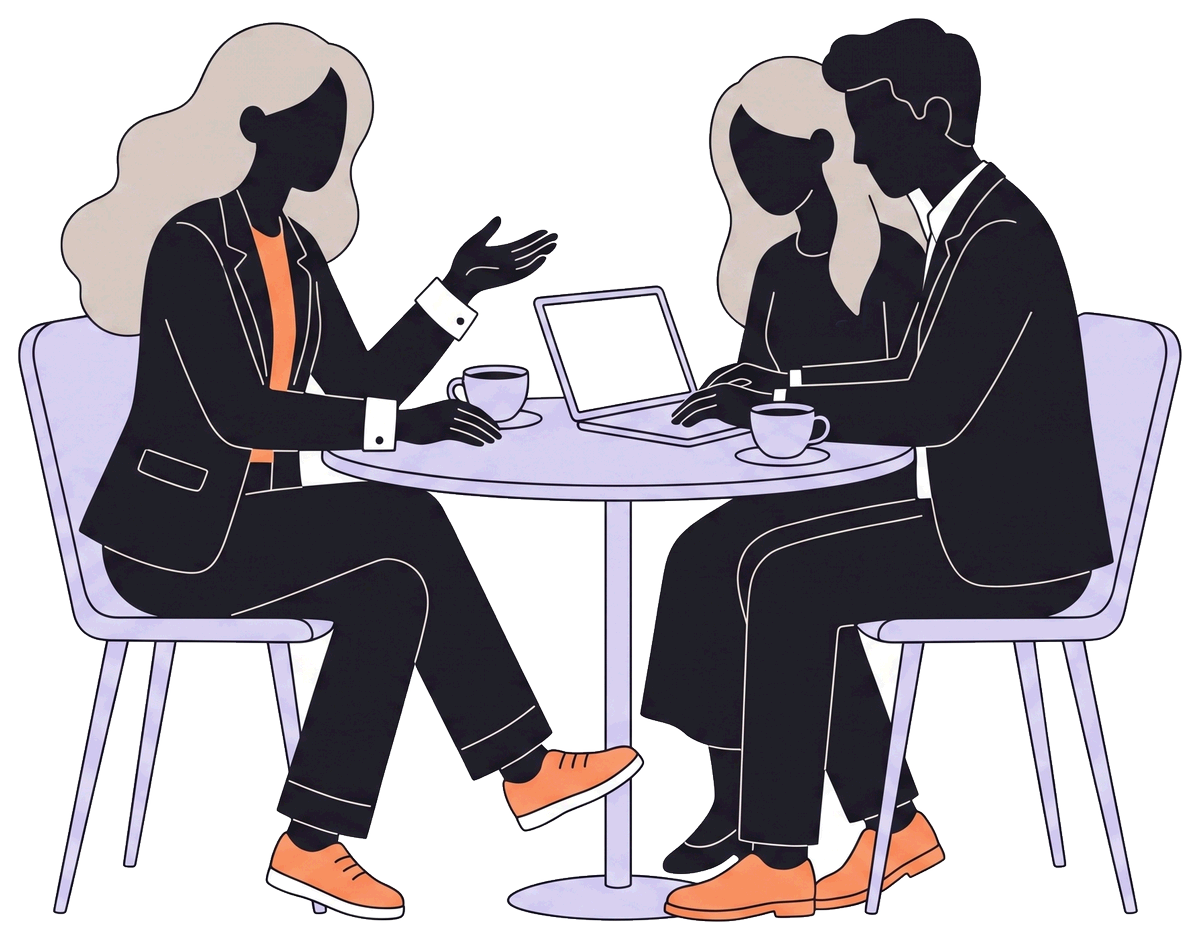 Illustratie van een event manager die aan tafel de offerte doorneemt met een stel achter een laptop