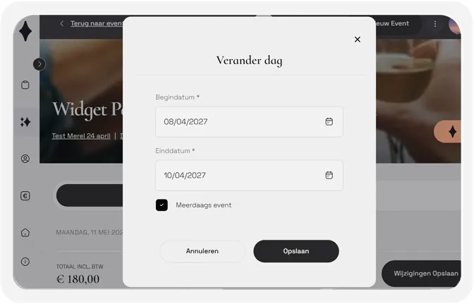 Meerdaags event in Constell met programma per dag, keukensheet en factuur
