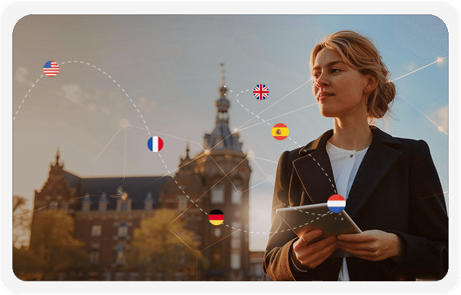 Constell meertalig platform met automatische vertalingen en internationale vlaggen