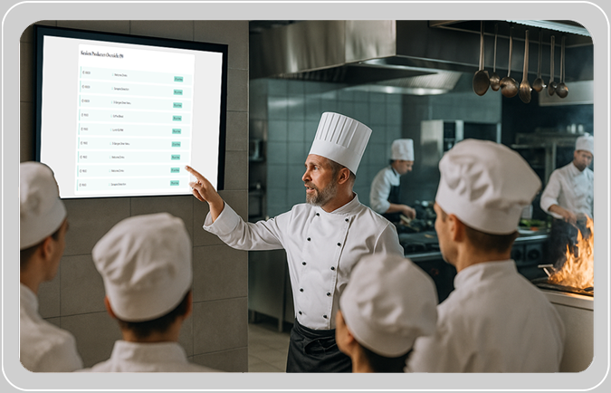Chef-kok presenteert keuken werksheets aan keukenpersoneel via Constell platform