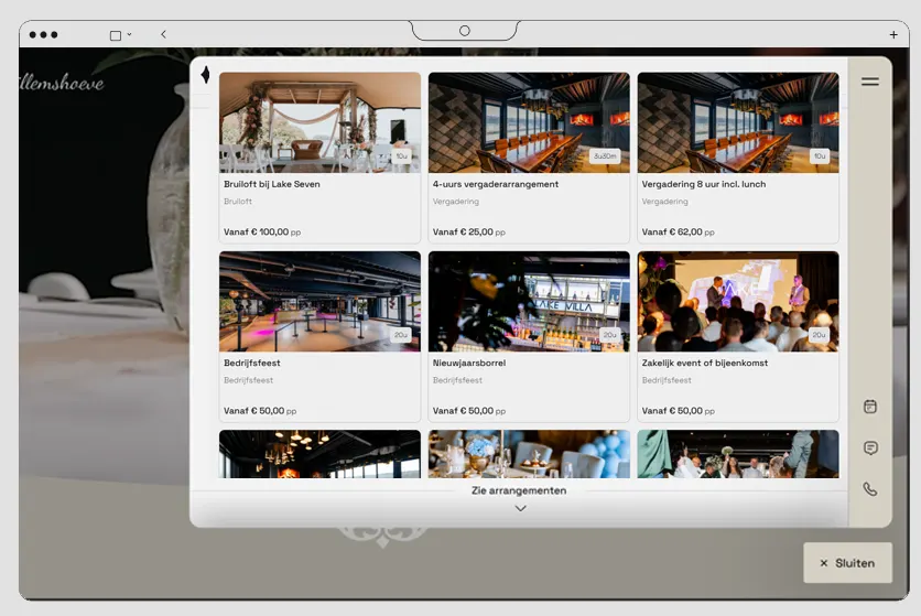 De sales widget met vergaderarrangementen en een vanaf-prijs per arrangement