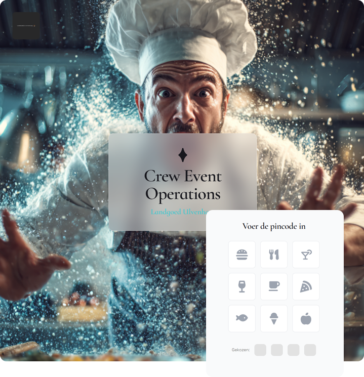 Crew Event Operations interface toont real-time werk- en keukensheets voor soepele teamcommunicatie