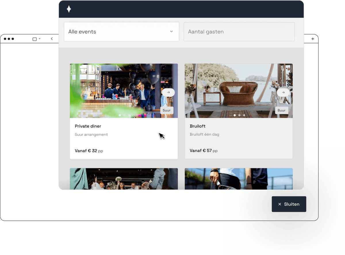 Arrangementen in de Constell sales widget op een locatiewebsite, met foto en vanafprijs per arrangement