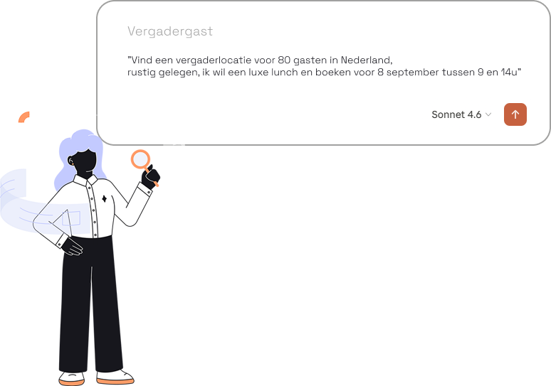 AI-agent chat interface met een vergaderlocatie-aanvraag voor 80 gasten in Nederland, naast een illustratie van een persoon die zoekt