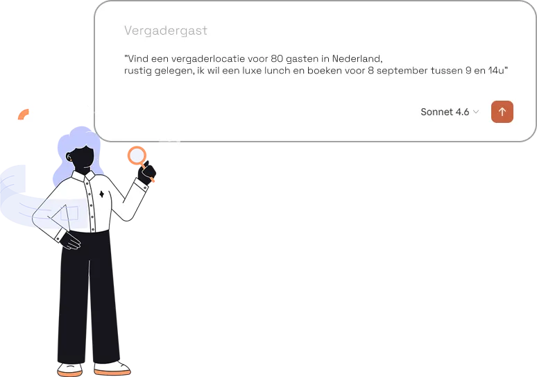 AI-agent chat interface met een vergaderlocatie-aanvraag voor 80 gasten in Nederland, naast een illustratie van een persoon die zoekt